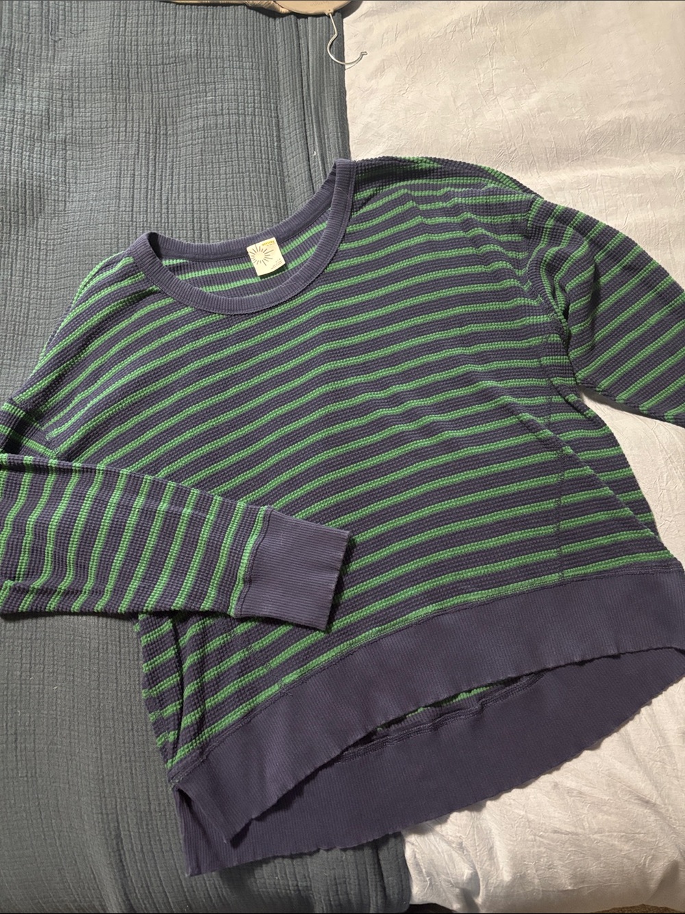 aerie Women's Green and Navy Striped Waffle Crewneck Sweater - Picture 2 of 7